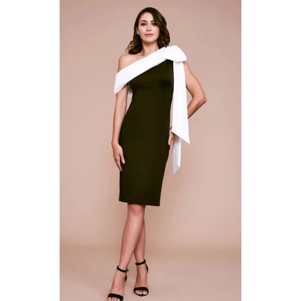 Tadashi Shoji Rigel Black White One Shoulder Dress NWT Formal Cocktail size L